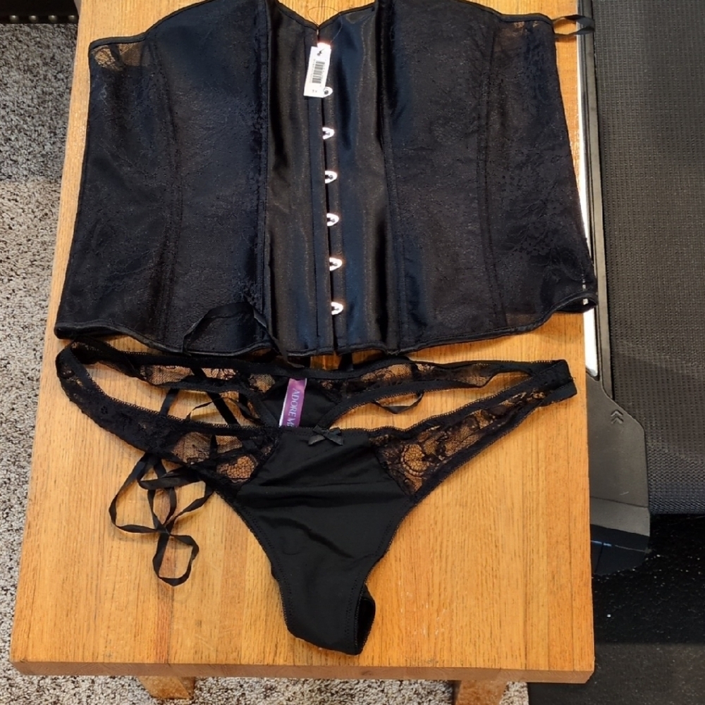 Adore Me Black Lace Corset and Thong Set